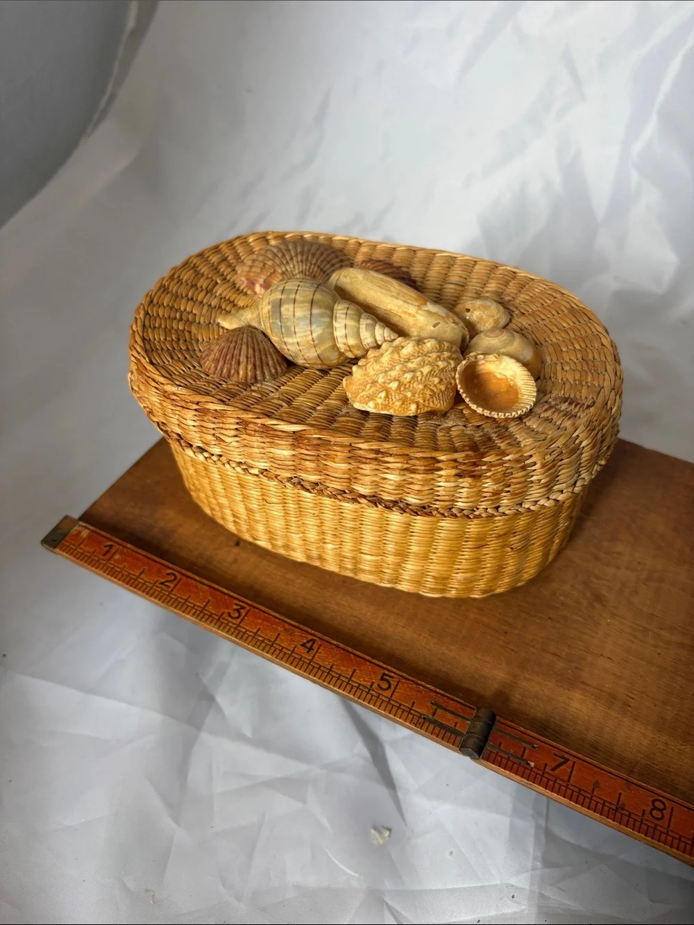 Vintage Woven Basket With Real Shell Decor On Top